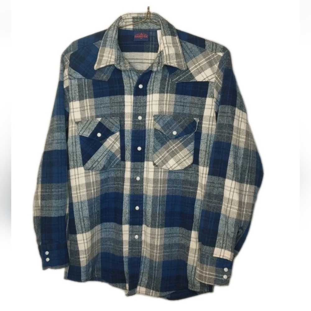 Dakota Western Pearl Snap Flannel Shirt Jacket Blue Plaid Shacket Vtg 80s USA M